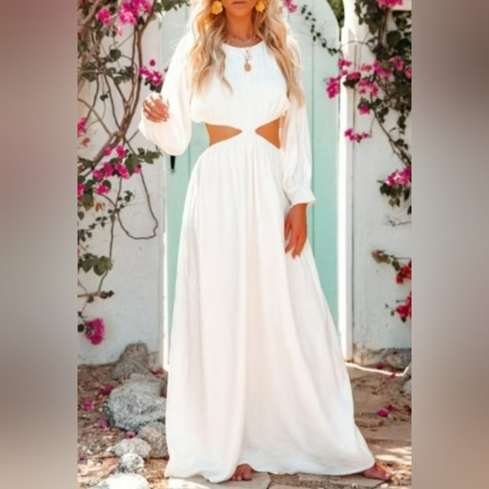 NEW VICI Aquarius Linen Blend Cutout White Maxi Dress-XS